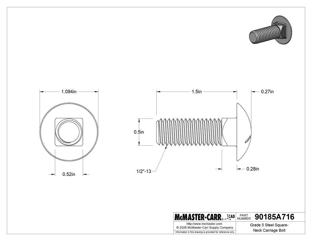 Technical Drawing of Grade 5 Steel Square-Neck Carriage Bolt, Medium-Strength, Zinc-Plated, 1/2"-13 Thread Size, 1-1/2" Long.